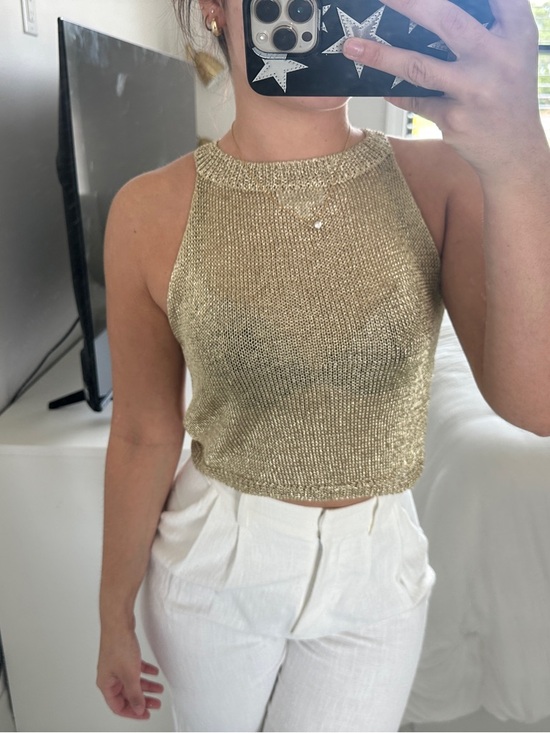 superdown Tops - superdown Metallic Gold Knit Halter Crop Top
